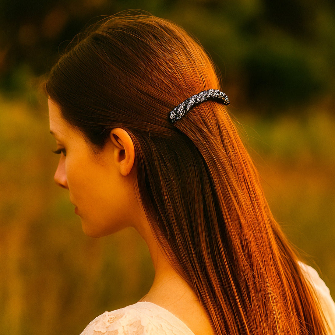 Haerime Velvette Arc in Ice Panther – worn in sleek bun with monochrome comb glinting under directional indoor lighting