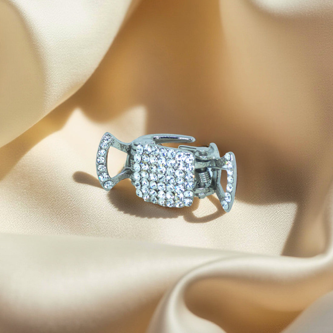 Haerime LumiClasp Mini in Clear – detailed shot of clear crystal clip showing curved silhouette and strong spring hinge