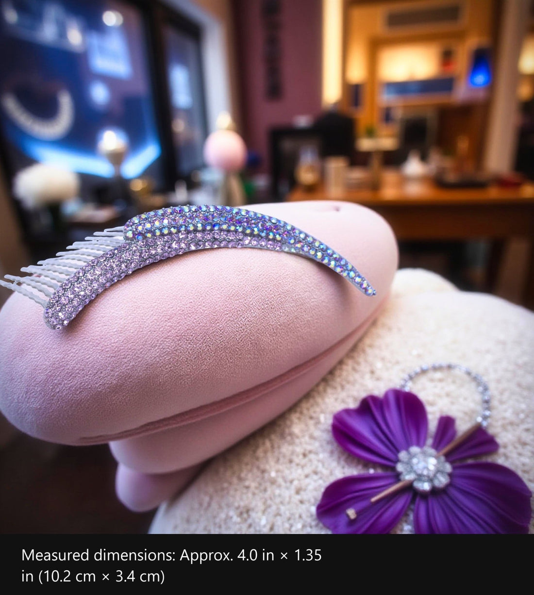 Aurelya Dual Arc — Hair Accessory with measured dimensions marked: Approx. 4.0 in × 1.35 in (10.2 cm × 3.4 cm)