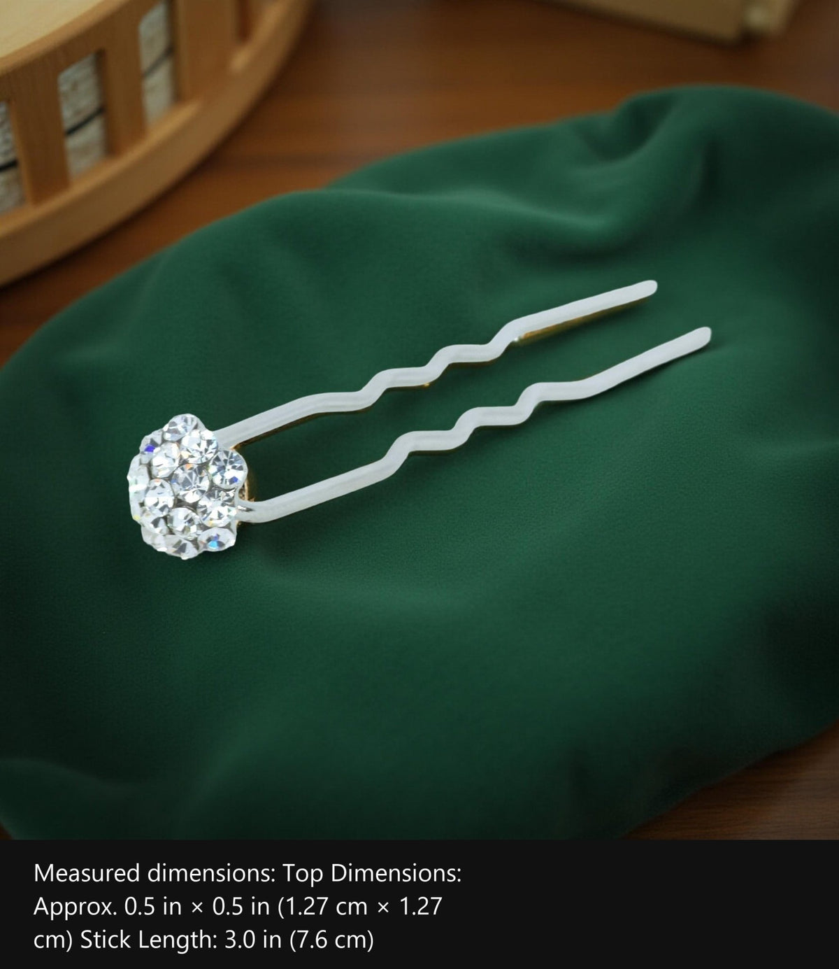 Celestique — Hair Pin with measured dimensions marked: Top Dimensions: Approx. 0.5 in × 0.5 in (1.27 cm × 1.27 cm)Stick Length: 3.0 in (7.6 cm)