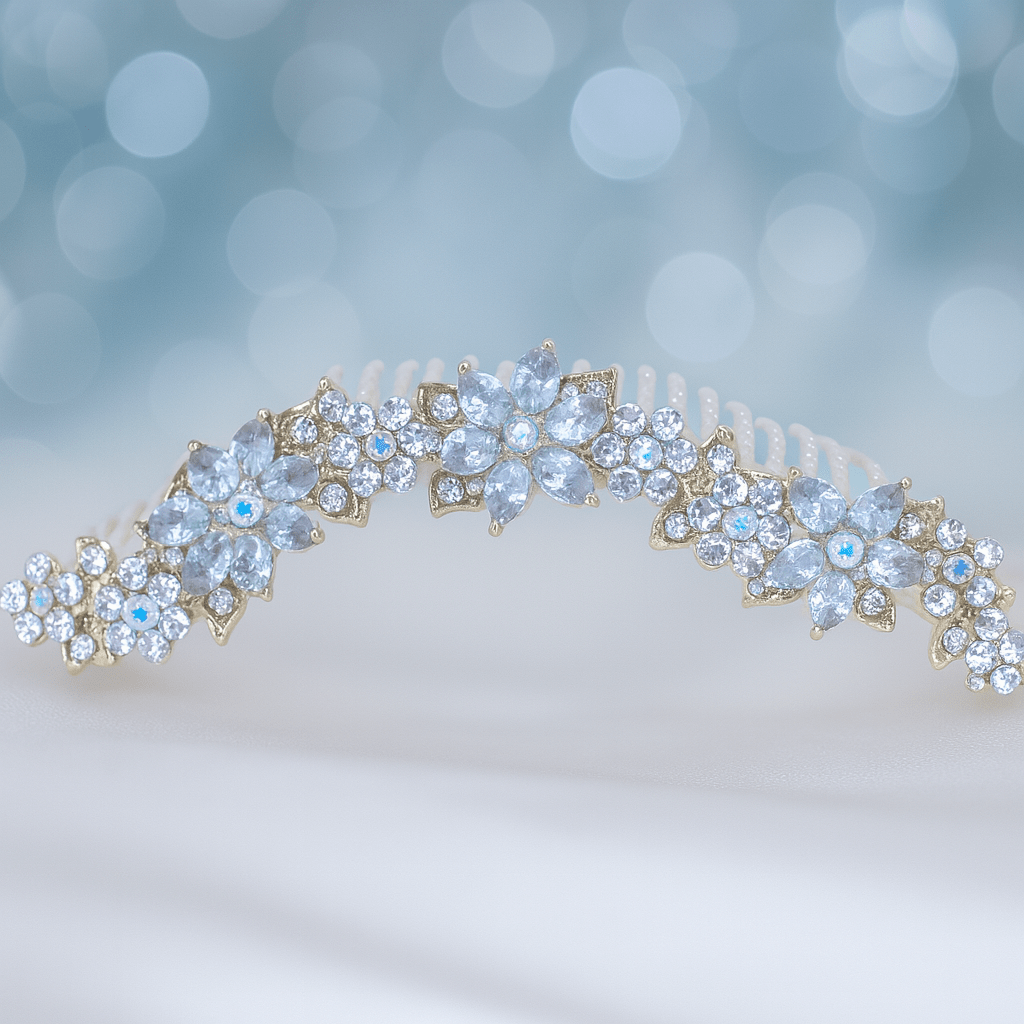 Haerime Celestara Crown Comb in Clear detail view – layered petal crystals and scroll base