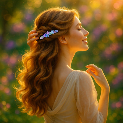 FleurVerre Cascade barrette, shown in hair.