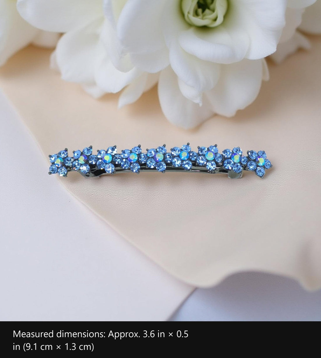Floracurve Arc — Hair Accessory with measured dimensions marked: Approx. 3.6 in × 0.5 in (9.1 cm × 1.3 cm)