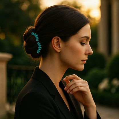 Gleamleaf Crown hair comb, shown in hair.
