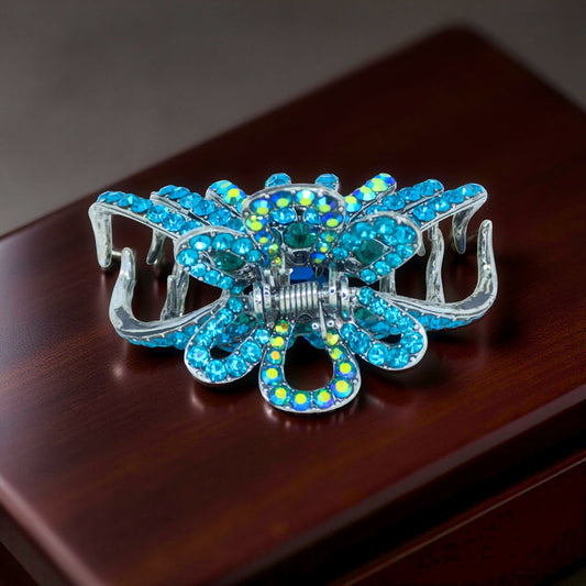 Haerime Aurefan Arc Claw in Blue Zircon – crystal fan hair clip with twin arc handle on velvet