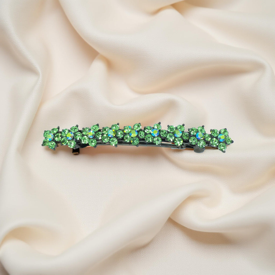 : Green version of Haerime Aureflor Arc – single-row floral barrette with hand-set rhinestones