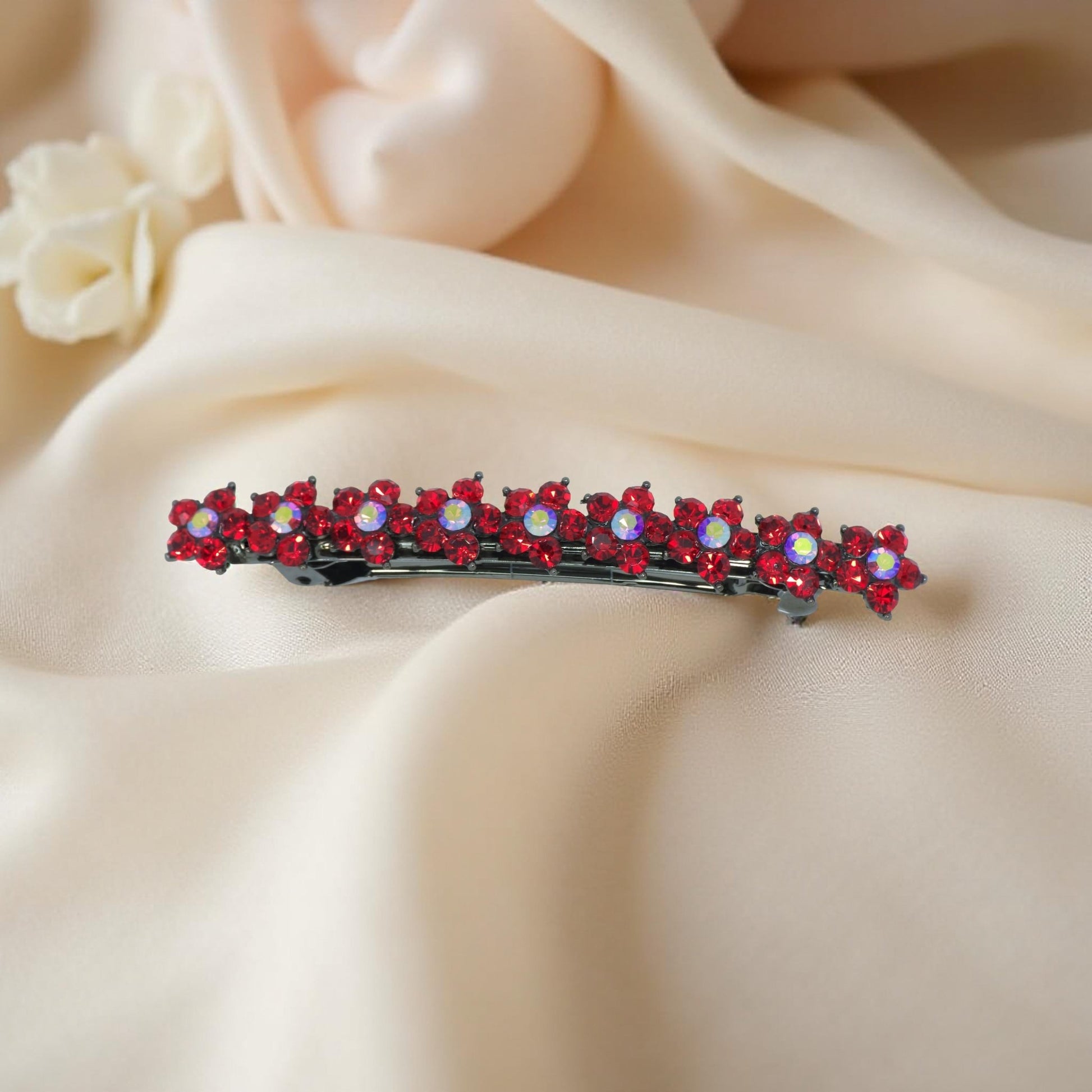 Haerime Aureflor Arc Barrette in Red close-up – crystal petal alignment and antique metal curve in gloss finish