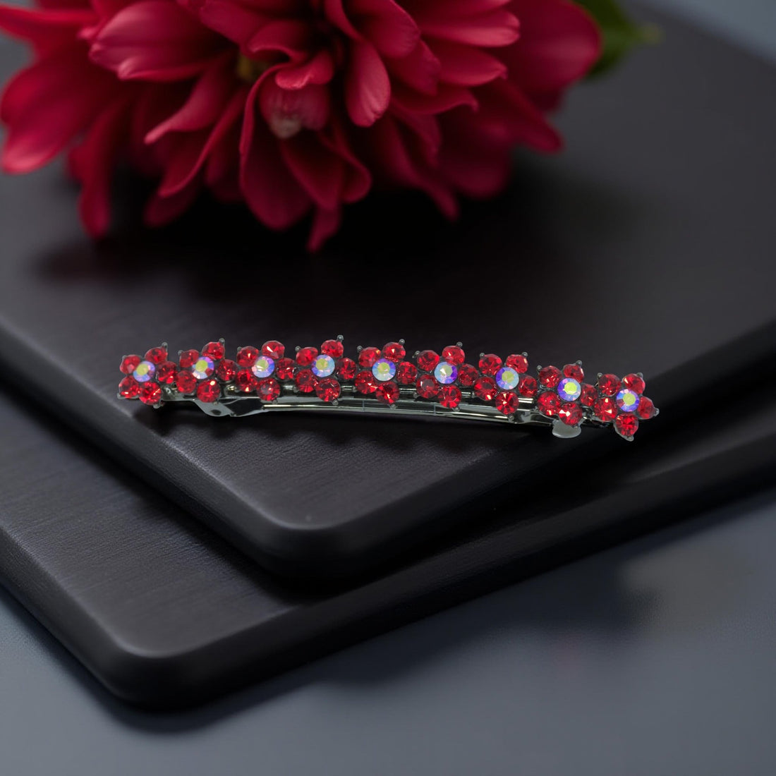 Red version of Haerime Aureflor Arc – single-row floral barrette with hand-set rhinestones