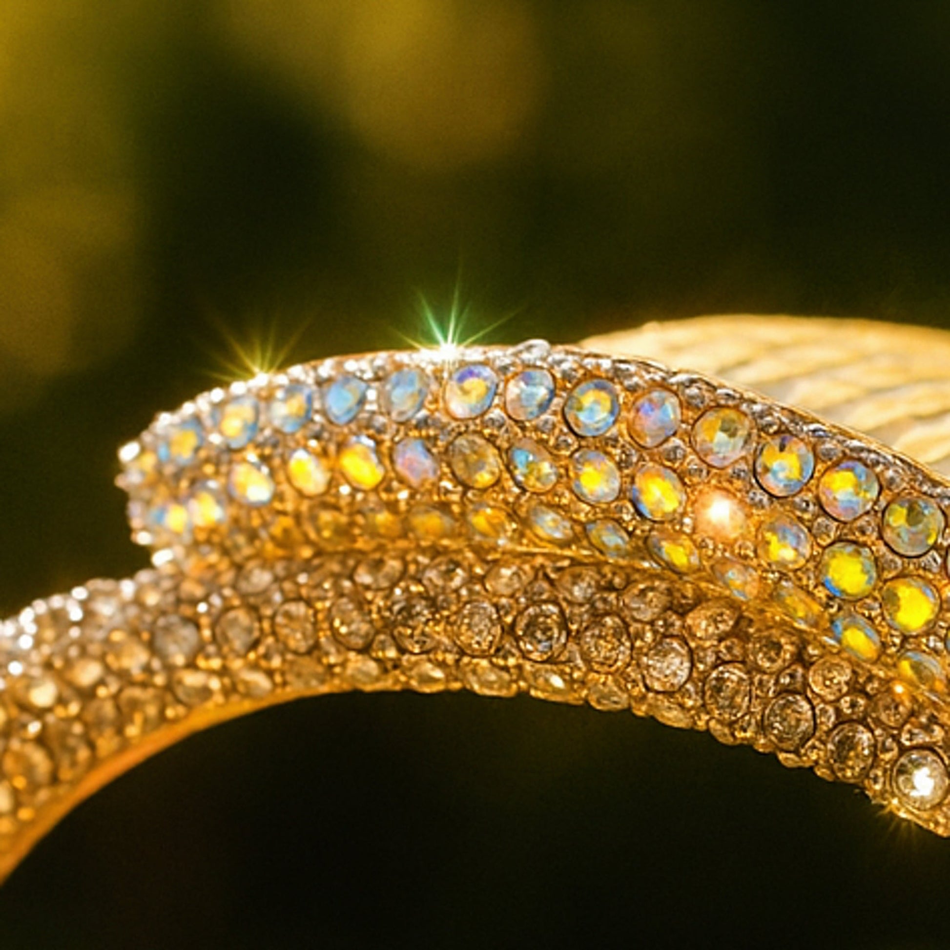 Close-up of pavé crystals on Haerime Aurelya Dual Arc Comb in Amber – sparkling layered arcs
