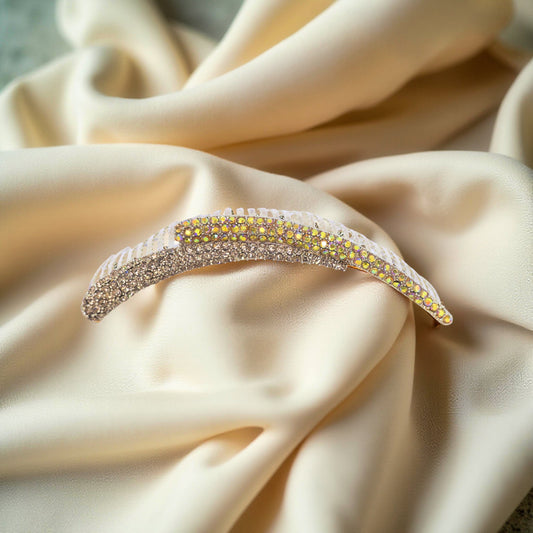 Aurelya Dual Arc hair accessory, Amber color option, side view.