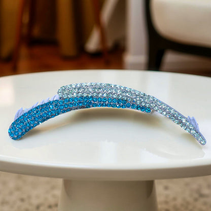 Aurelya Dual Arc hair accessory, Blue Zircon color option, side view.