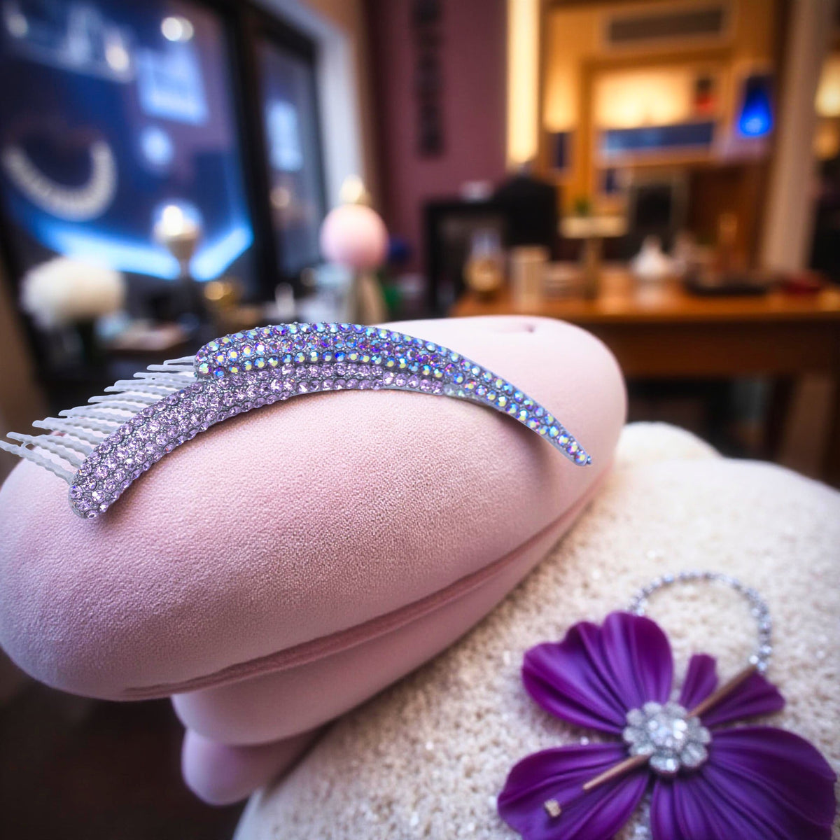 Aurelya Dual Arc hair accessory, Purple color option, product view.