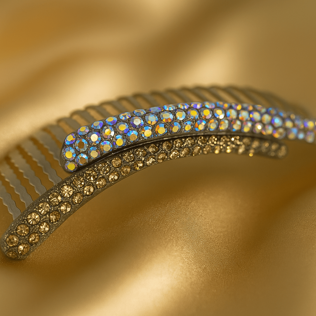 Close-up of pavé crystals on Haerime Aurelya Dual Arc Comb in Smoky Gold – sparkling layered arcs