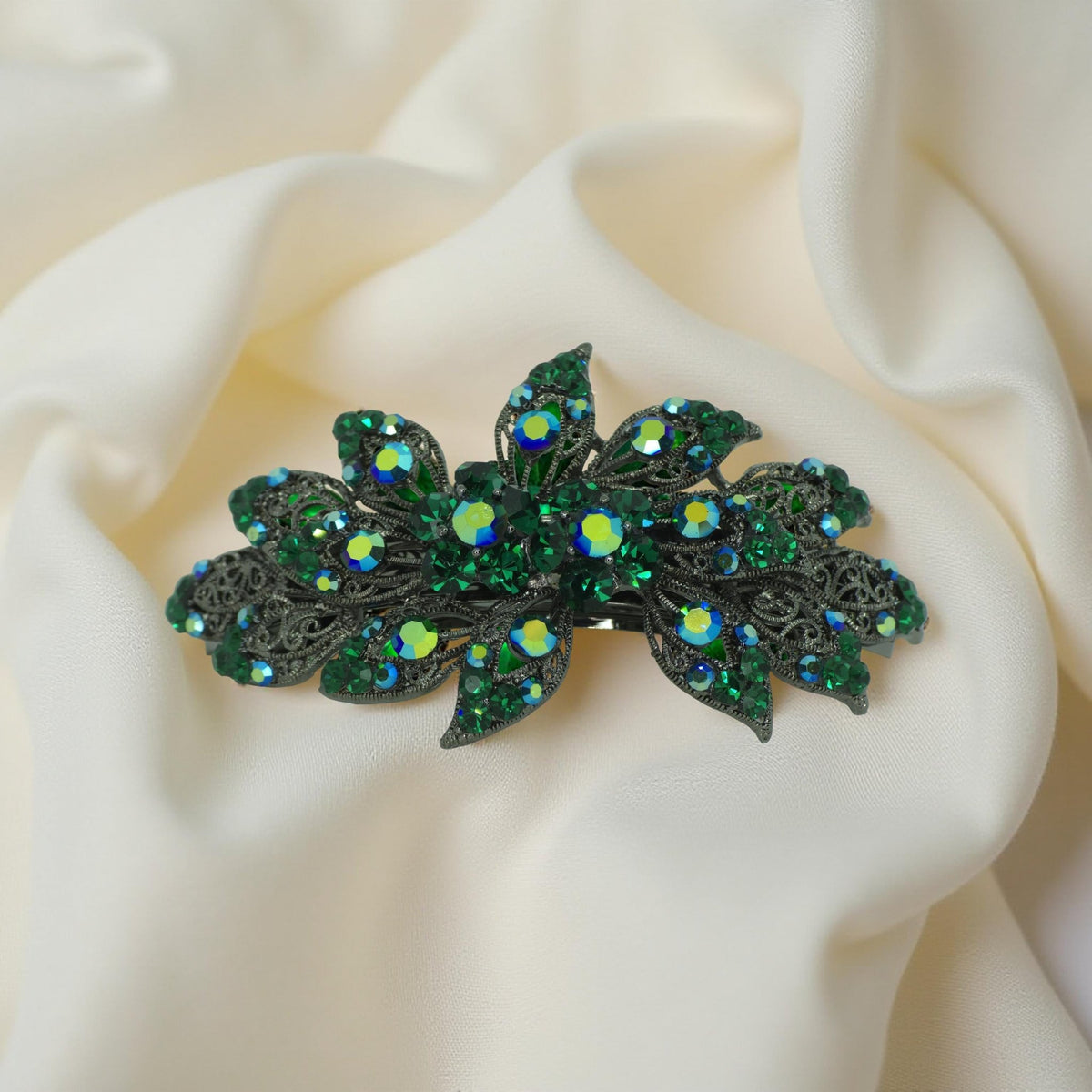 Aurora Filigree barrette, Green color option, product view.