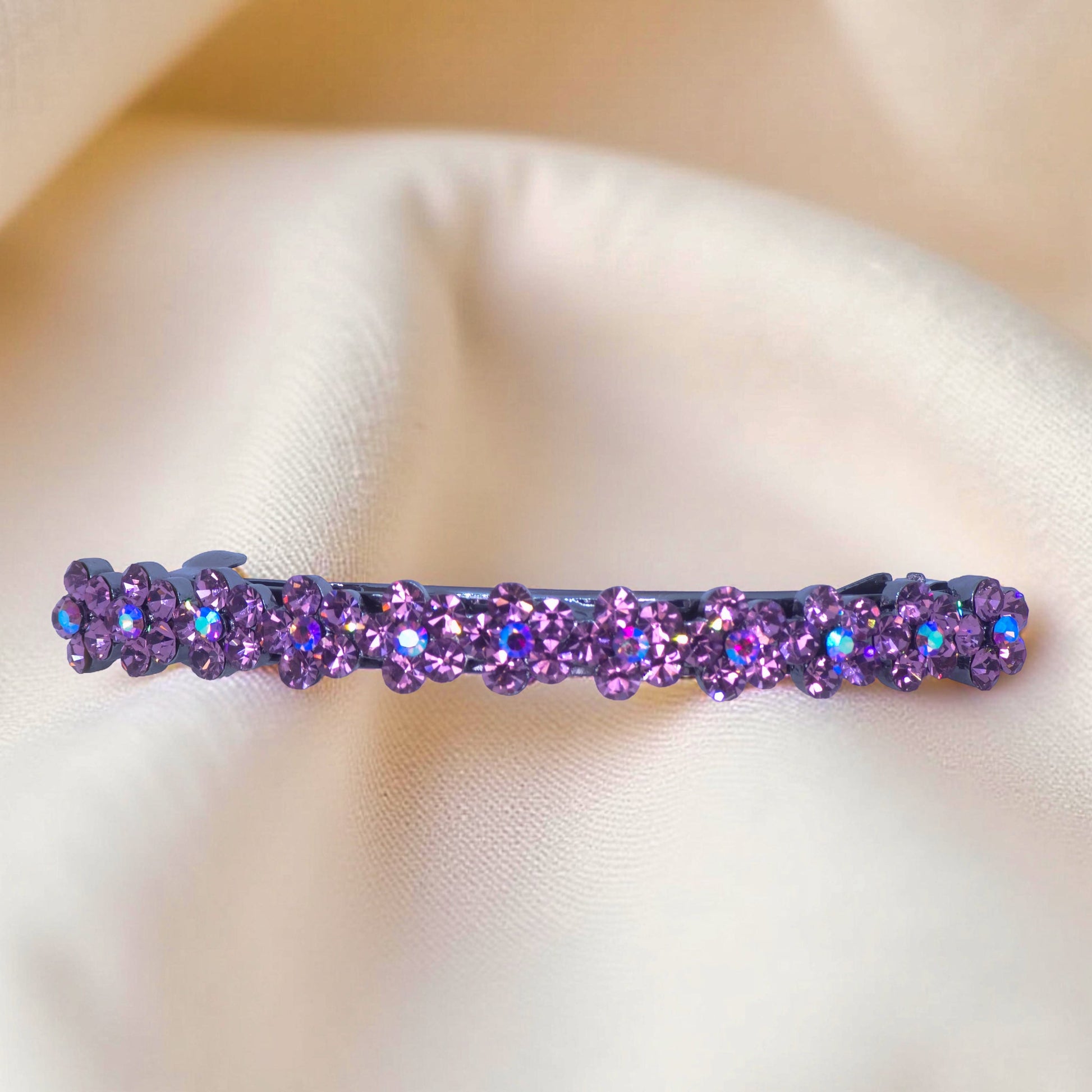 Haerime Blosselina Row Barrette in Purple close-up – hand-set mini crystal flower clustersBlack version of Haerime Aurora Filigree Barrette – cosmic sparkle meets vintage elegance