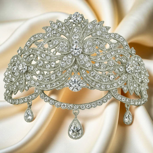 Haerime Celestara Bloom Clip in Clear – floral crown-shaped crystal claw clip on velvet background