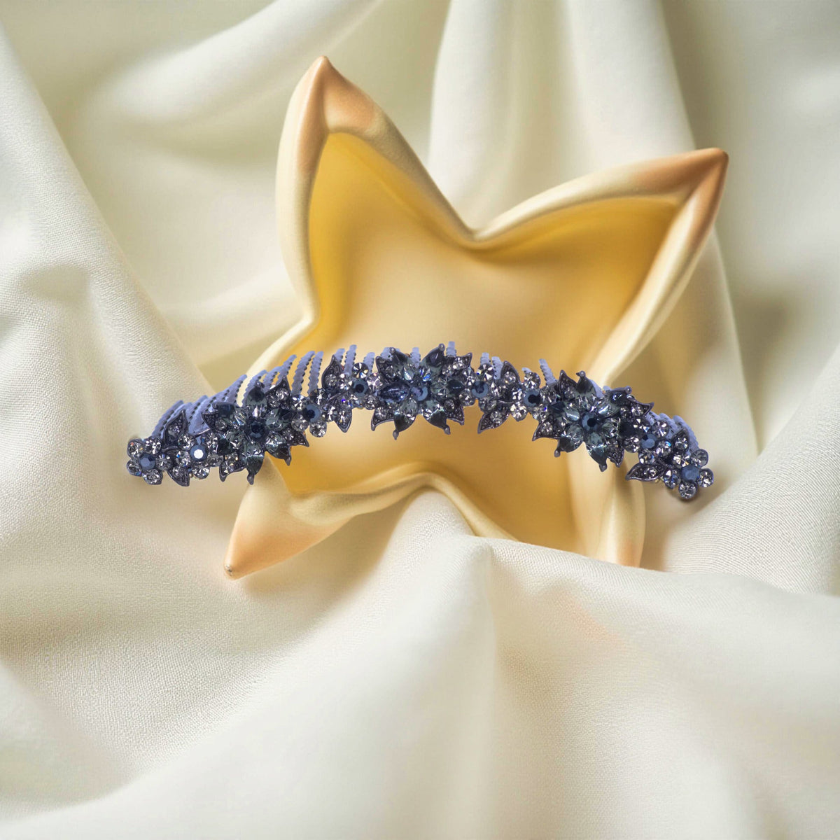 Black version of Haerime Celestara Crown Comb – luminous scrollwork and blossoms