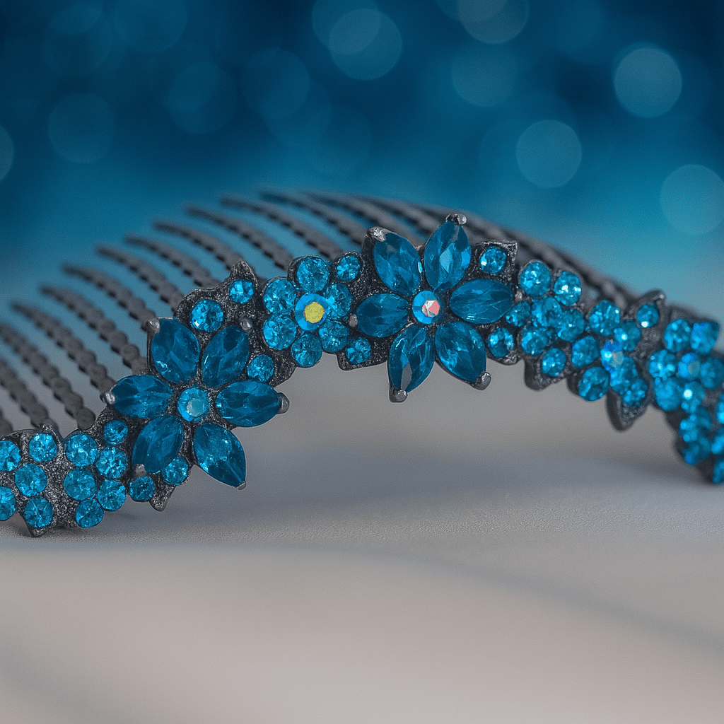 Haerime Celestara Crown Comb in Blue Zircon close-up – hand-set stones and antique comb finish