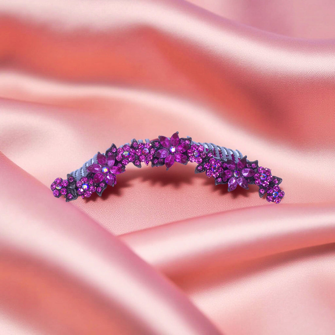 Fuschia version of Haerime Celestara Crown Comb – luminous scrollwork and blossoms
