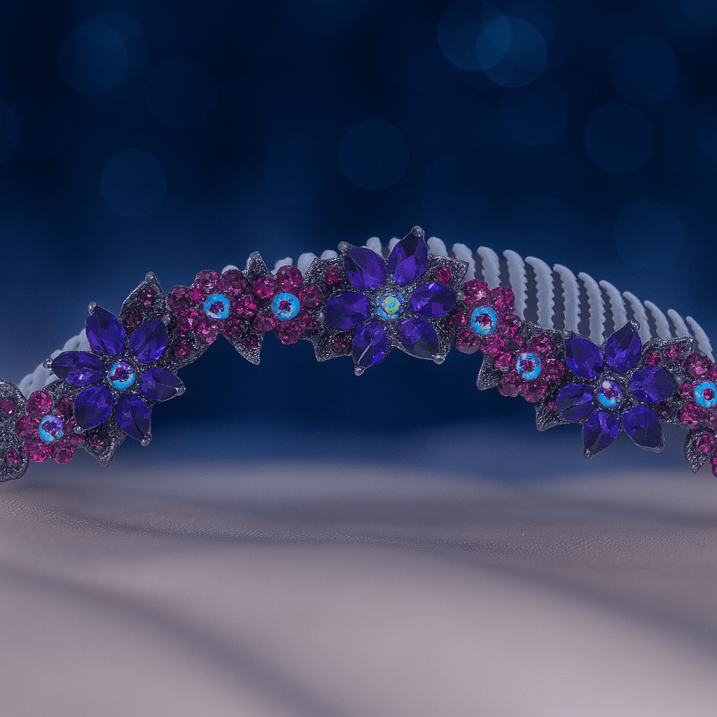 Haerime Celestara Crown Comb in Purple close-up – hand-set stones and antique comb finish
