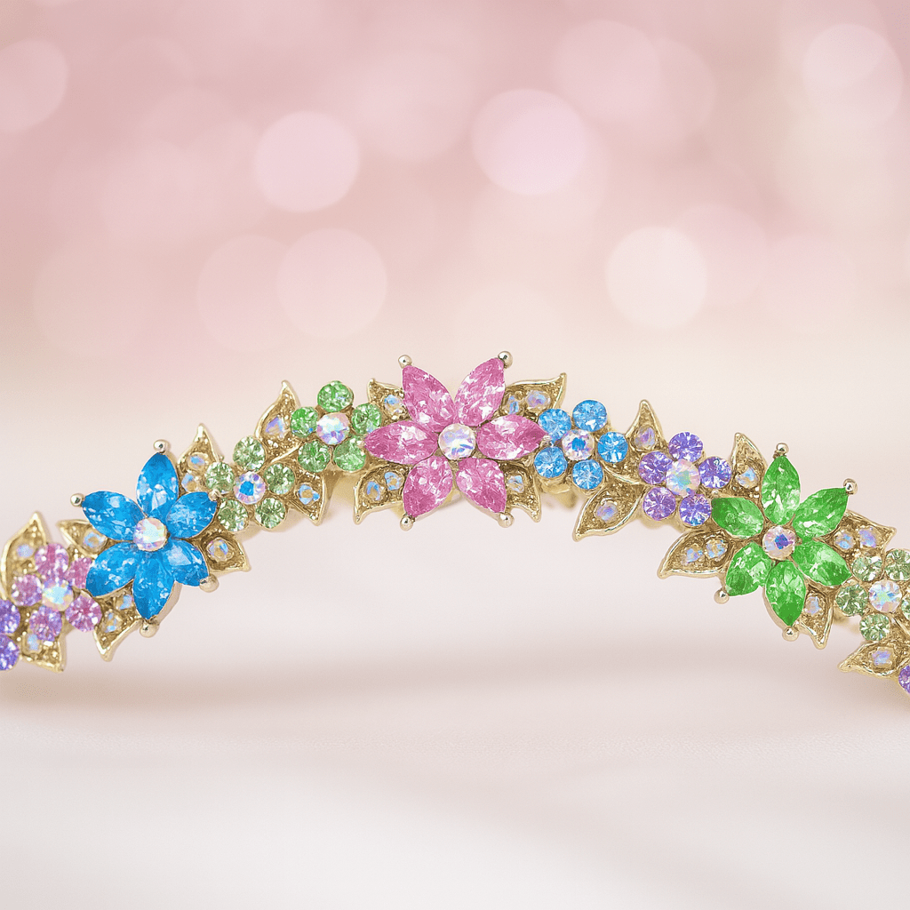 Haerime Celestara Crown Comb in Rainbow close-up – hand-set stones and antique comb finish