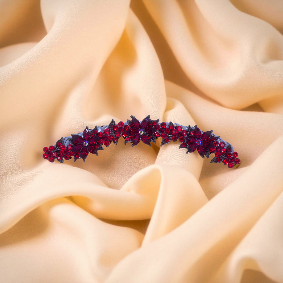 Red version of Haerime Celestara Crown Comb – luminous scrollwork and blossoms
