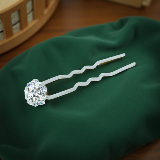 Haerime Celestique Pin in Clear – crystal dome hair stick on velvet pouch background