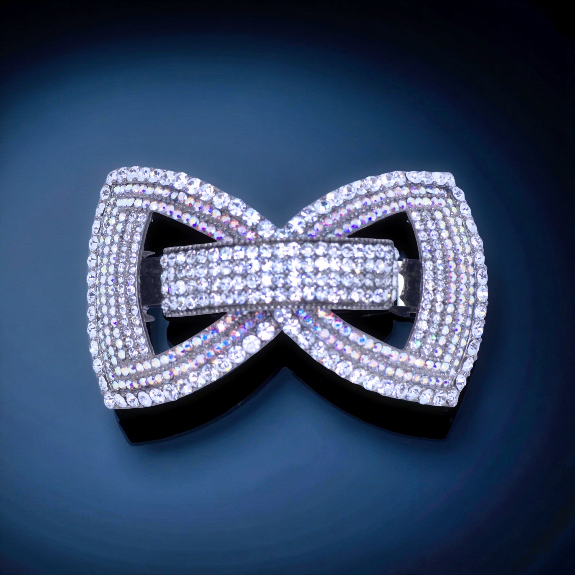 Clear version of Haerime Ecliptique Bow – silver gloss couture bow with crystal pavé symmetry