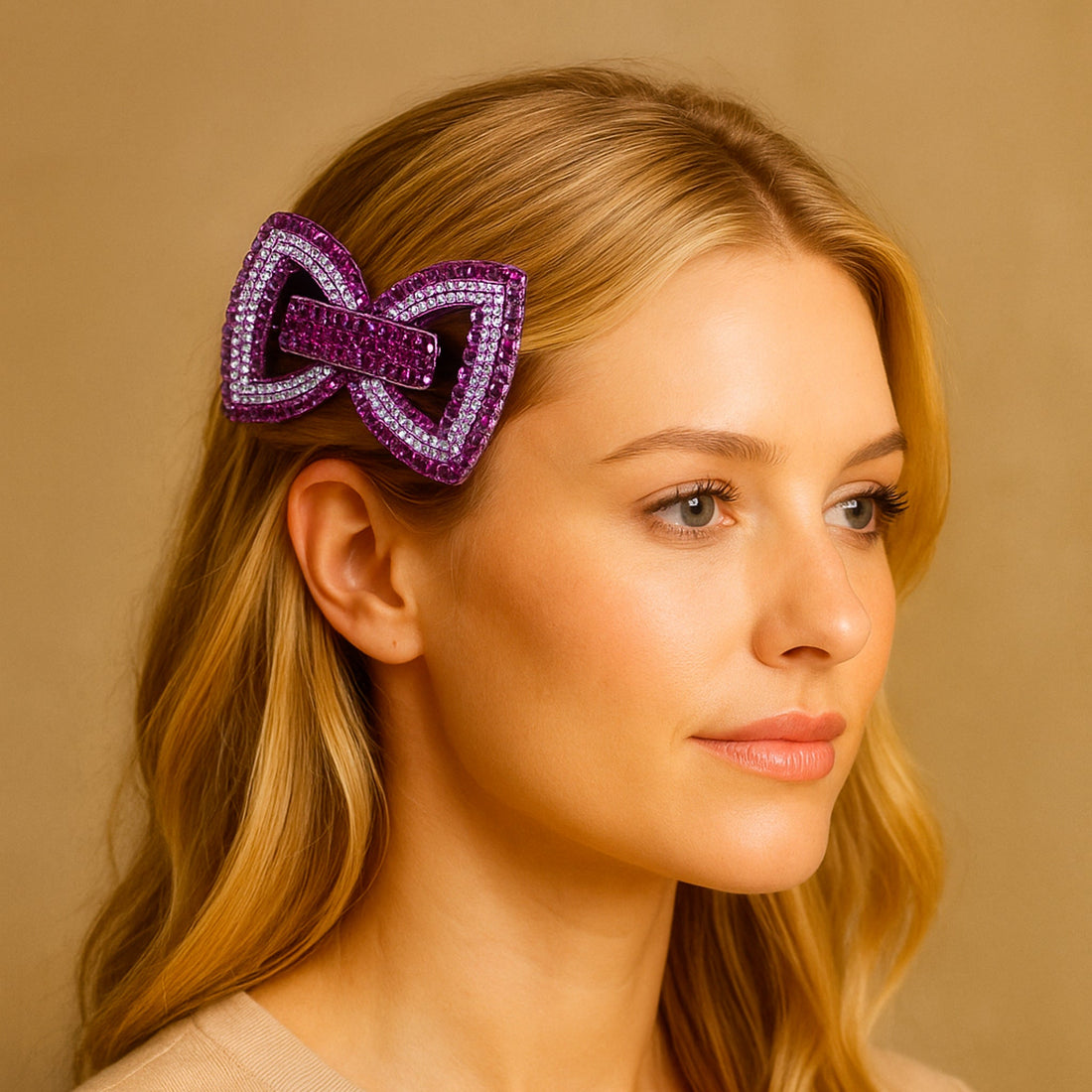 Haerime Ecliptique Bow in Purple worn by model – styled for formal elegance or bridesmaid looks