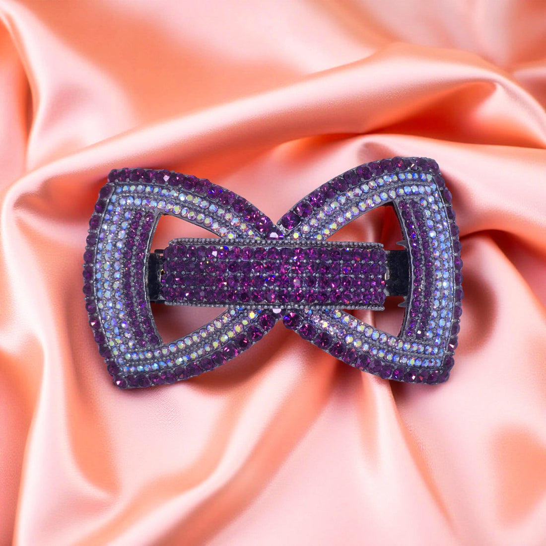 Purple version of Haerime Ecliptique Bow – magnetic couture barrette with layered crossover silhouette