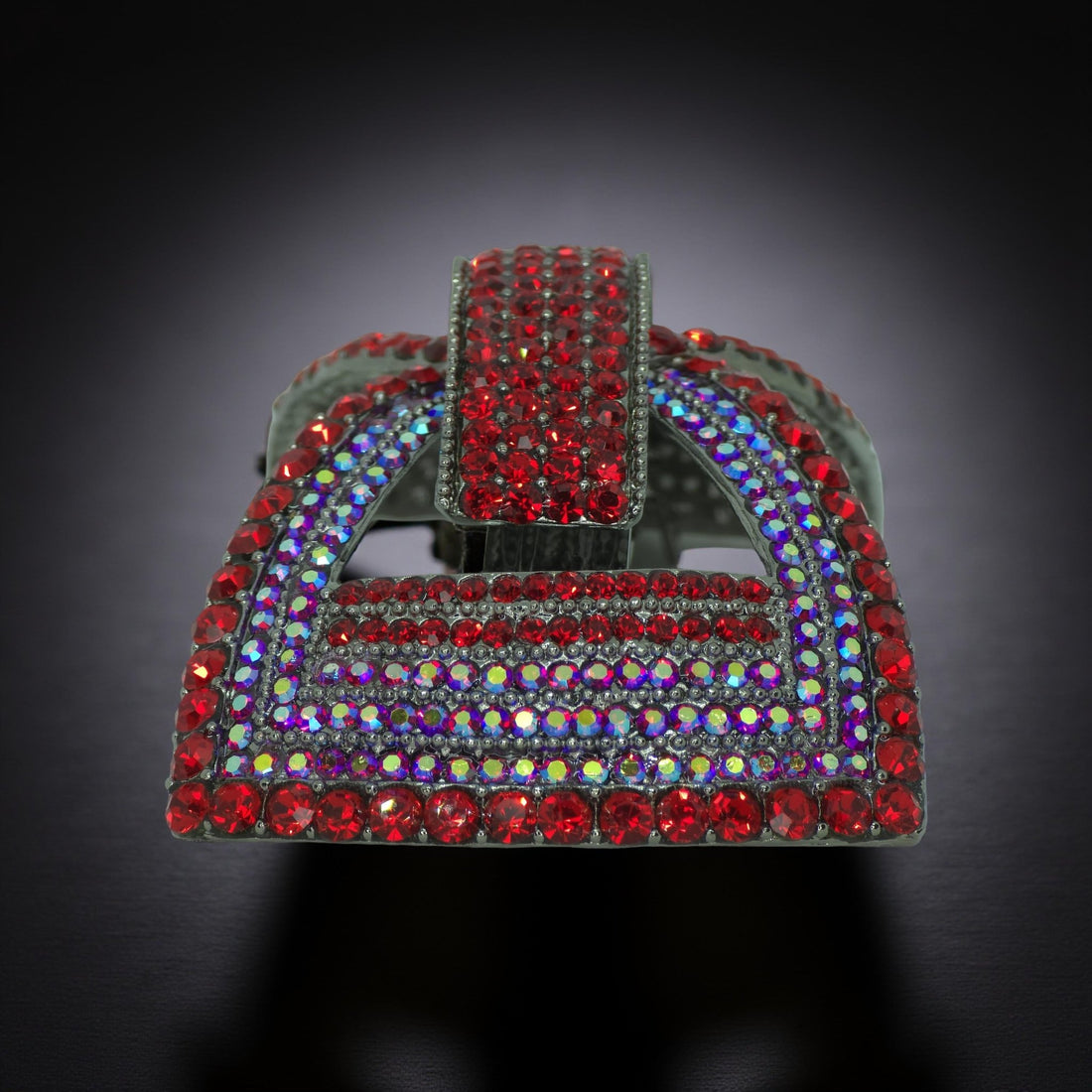 Vertical profile of Haerime Ecliptique Bow Barrette in Red – thick crossover bow structure with layered rhinestone accents