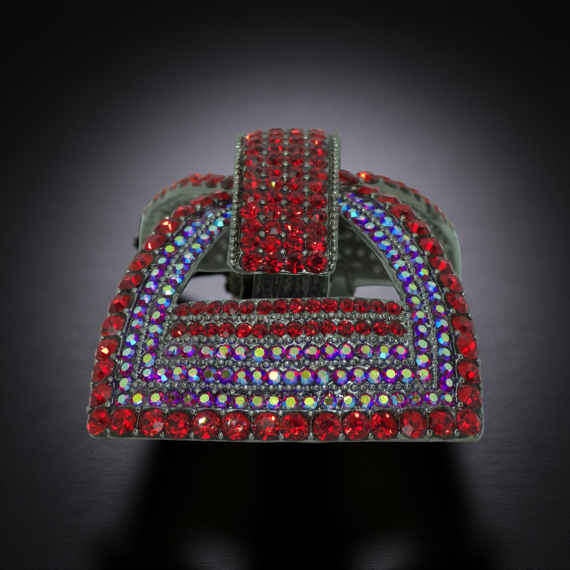 Vertical profile of Haerime Ecliptique Bow Barrette in Red – thick crossover bow structure with layered rhinestone accents