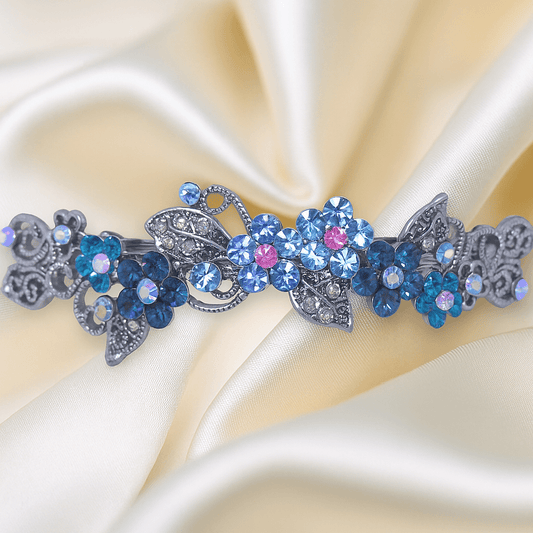 : Haerime Elysia Garland Barrette in Blue – floral garland crystal barrette on ivory silk with scrollwork and shimmer details