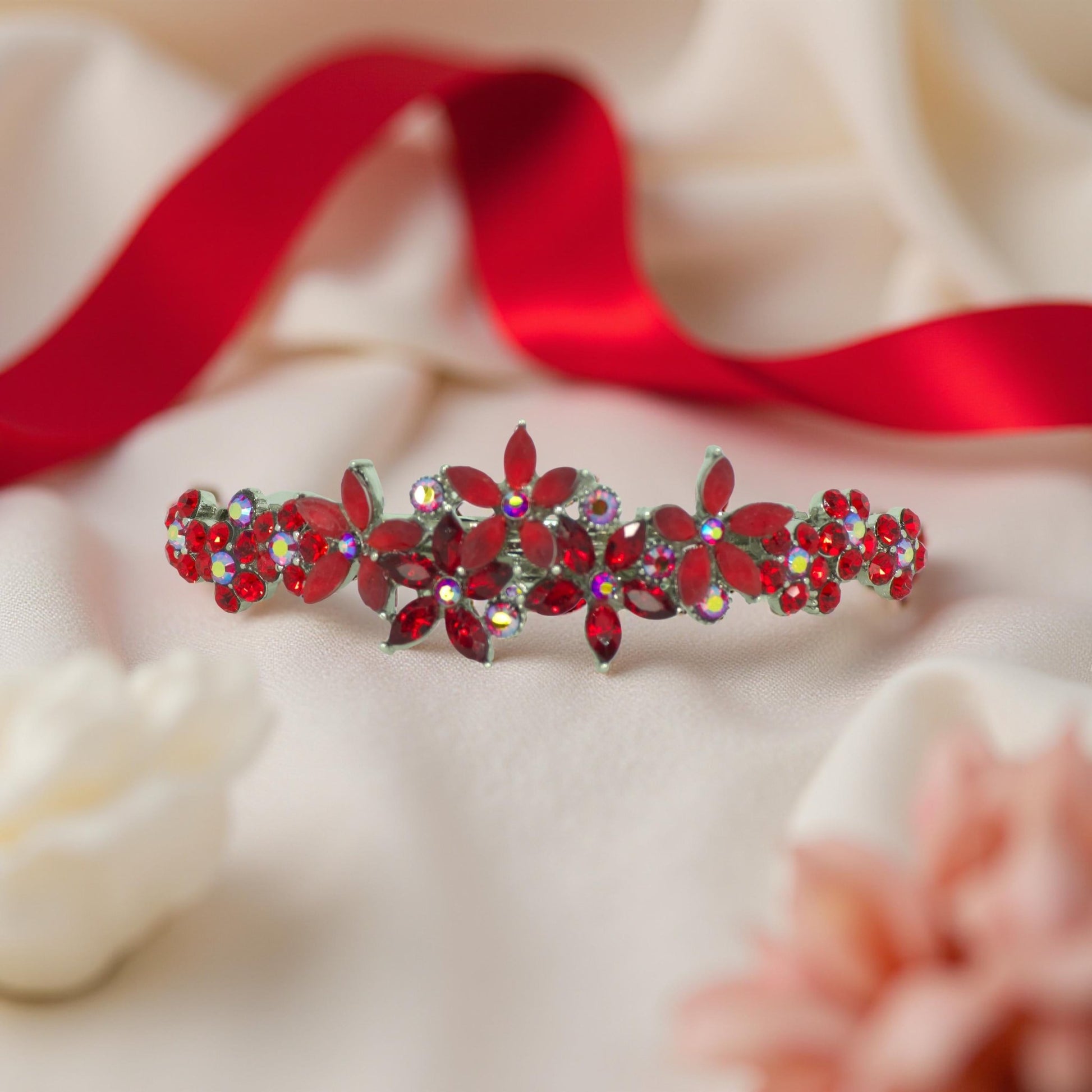 Red version of Haerime FleurVerre Cascade – dramatic floral silhouette with ruby-tone sparkle