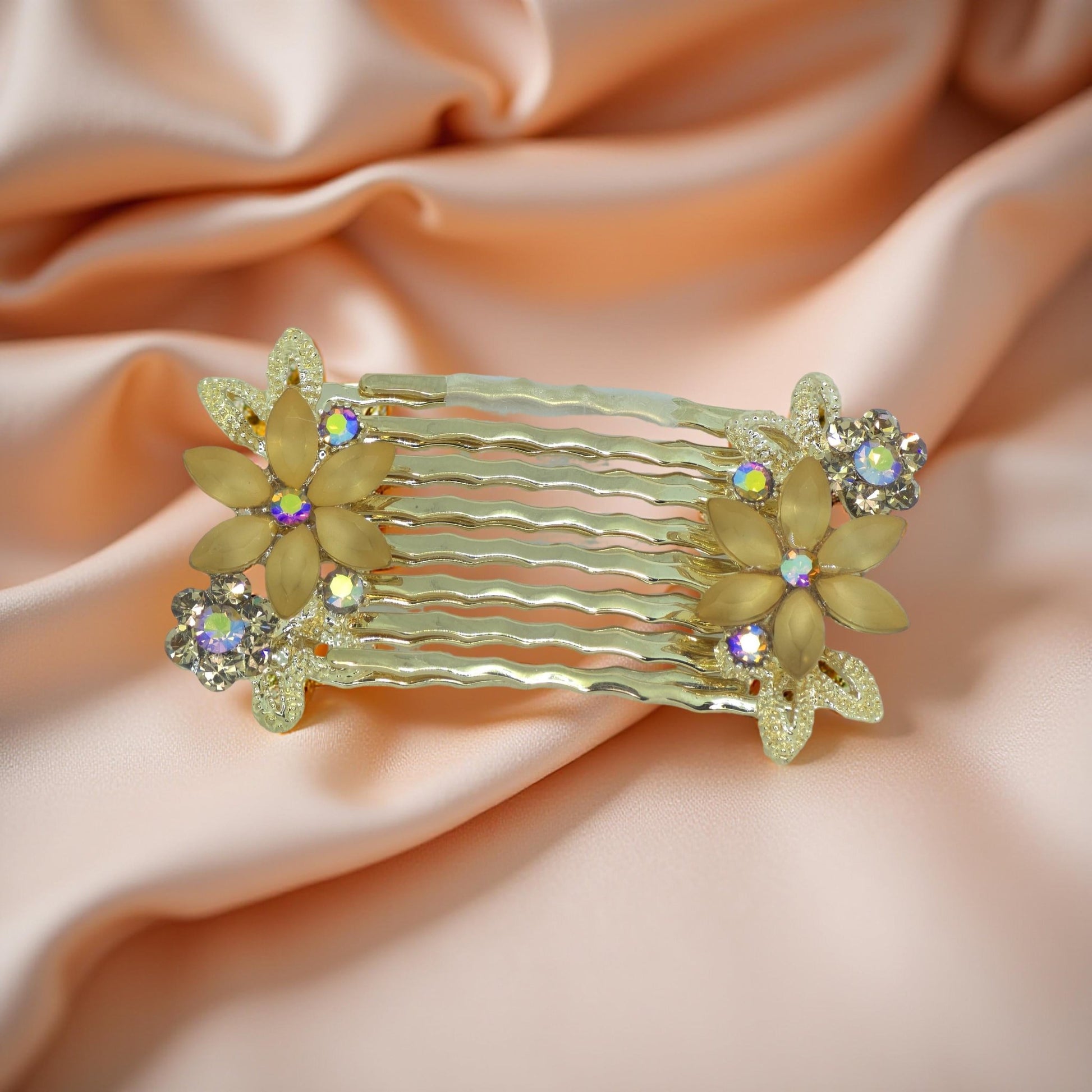 Amber version of Haerime Florelle Petite Combs – mirrored crystal flower mini comb pair