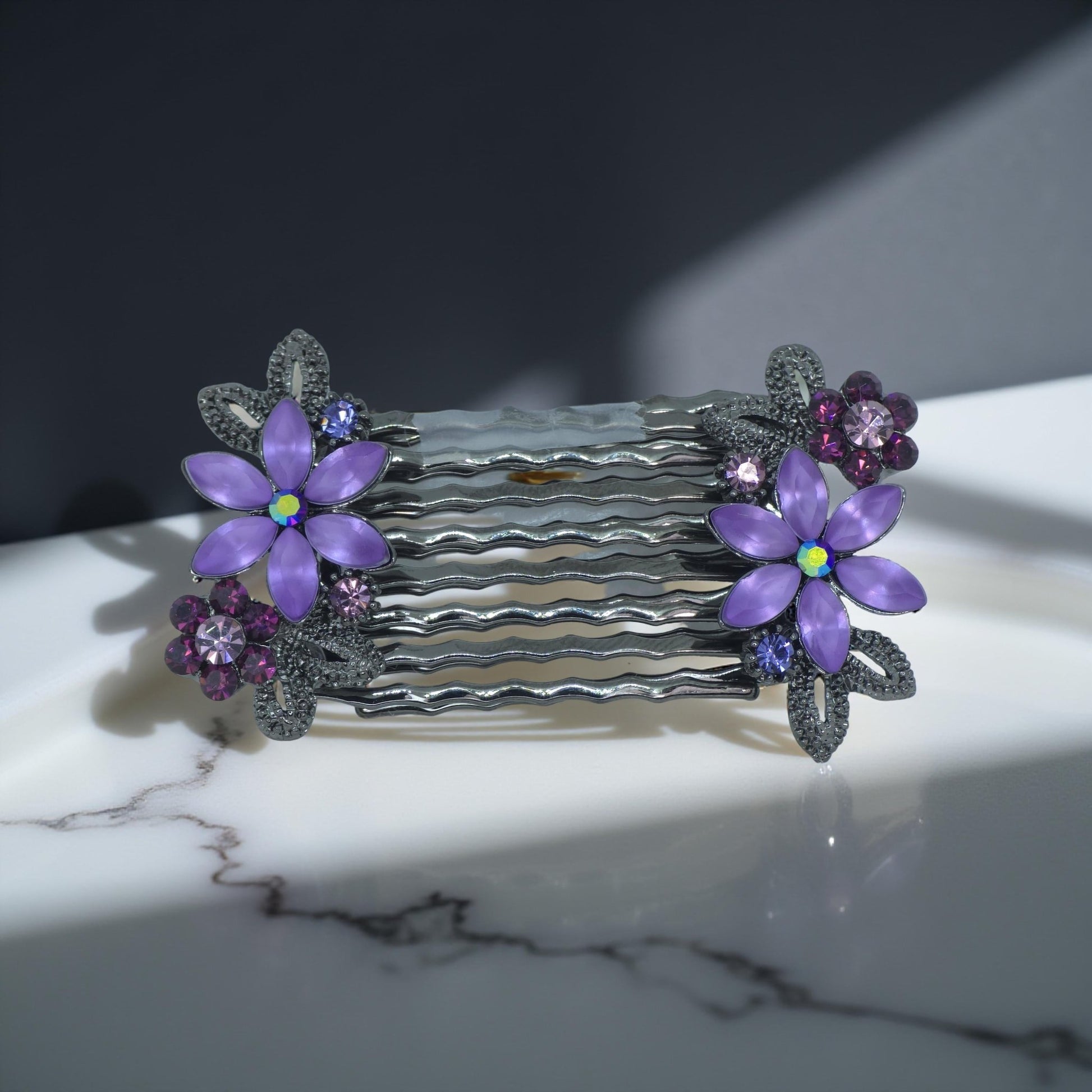 Haerime Florelle Petite Pair Combs in Purple close-up – both combs angled with rhinestone bloom clusters and curved teeth
