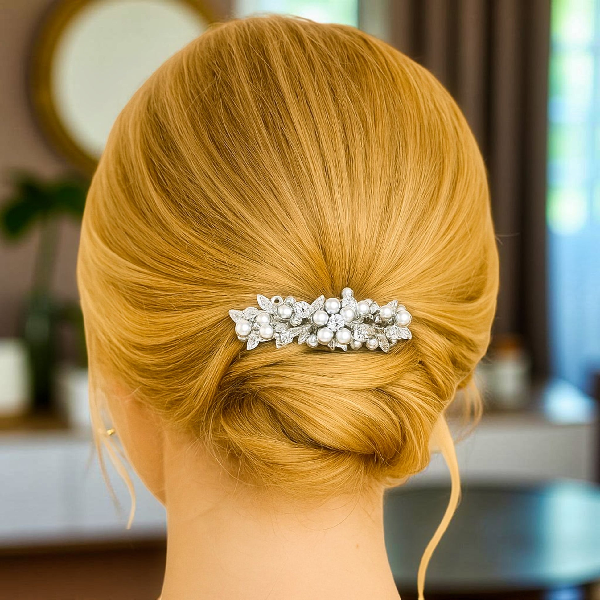Haerime Lumielle Frost Barrette in Pearl – rear model view showing clip secured in French twist with natural lighting