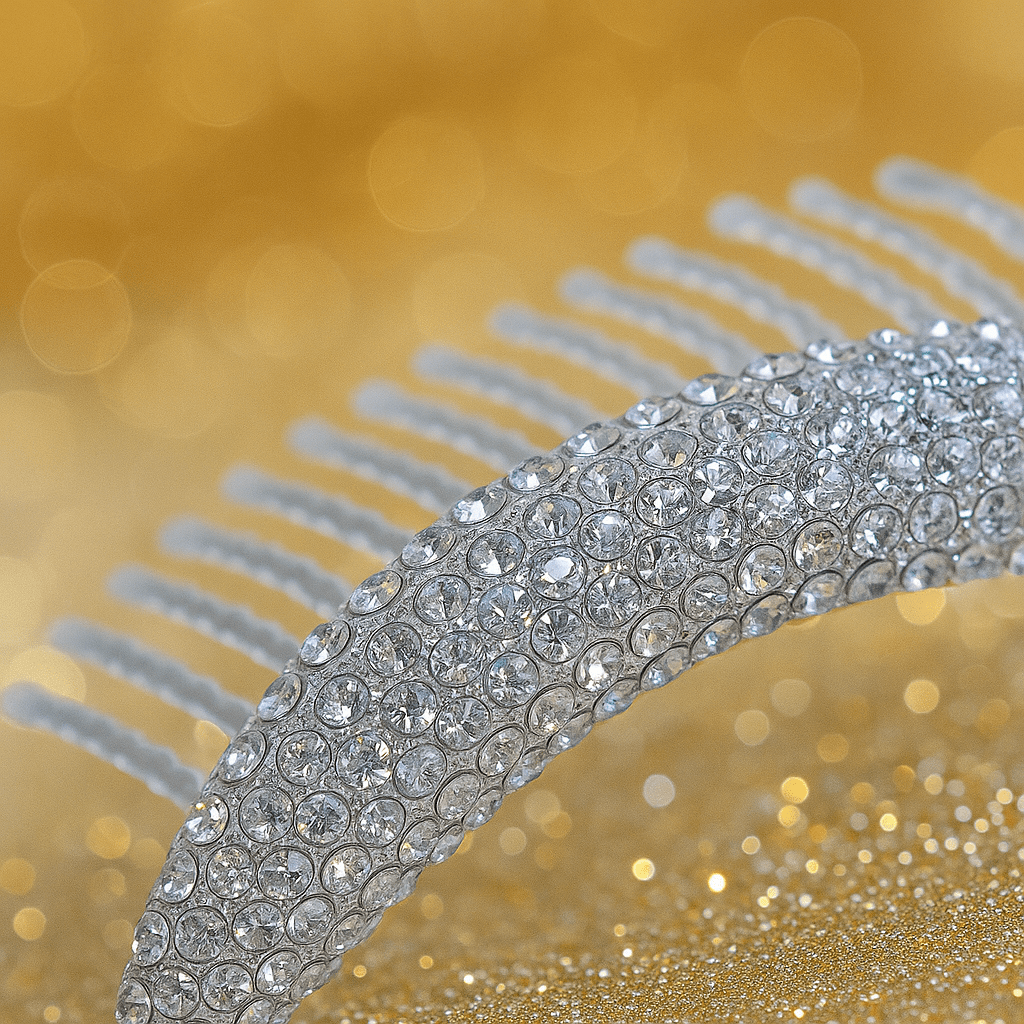 Haerime Lunoria Arch Comb in Clear – extreme close-up showing shimmering crystals and sculptural comb edge