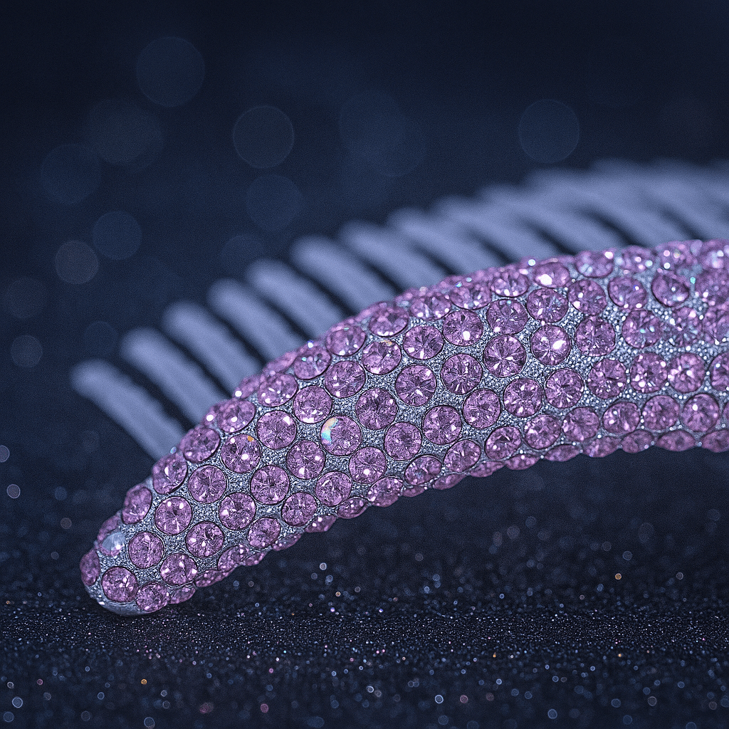 Haerime Lunoria Arch Comb in Pink – macro view capturing crystal facets and gold-tone base details