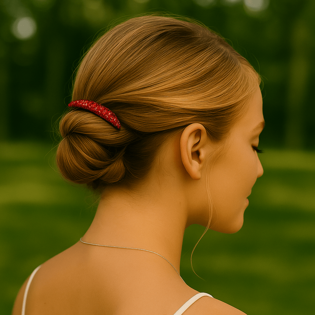Haerime Lunoria Arch Comb in Red – shown in model's chignon bun, contrasting bright ruby crystals with neutral tones