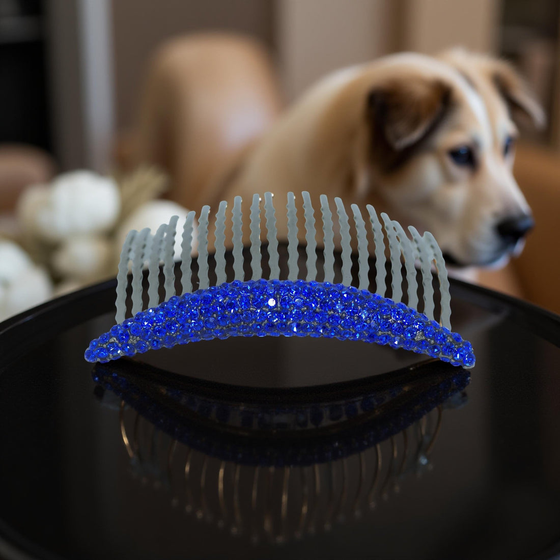 Haerime Lunoria Arch Comb in Sapphire – deep blue crystal arc laid on black velvet with sculptural curve