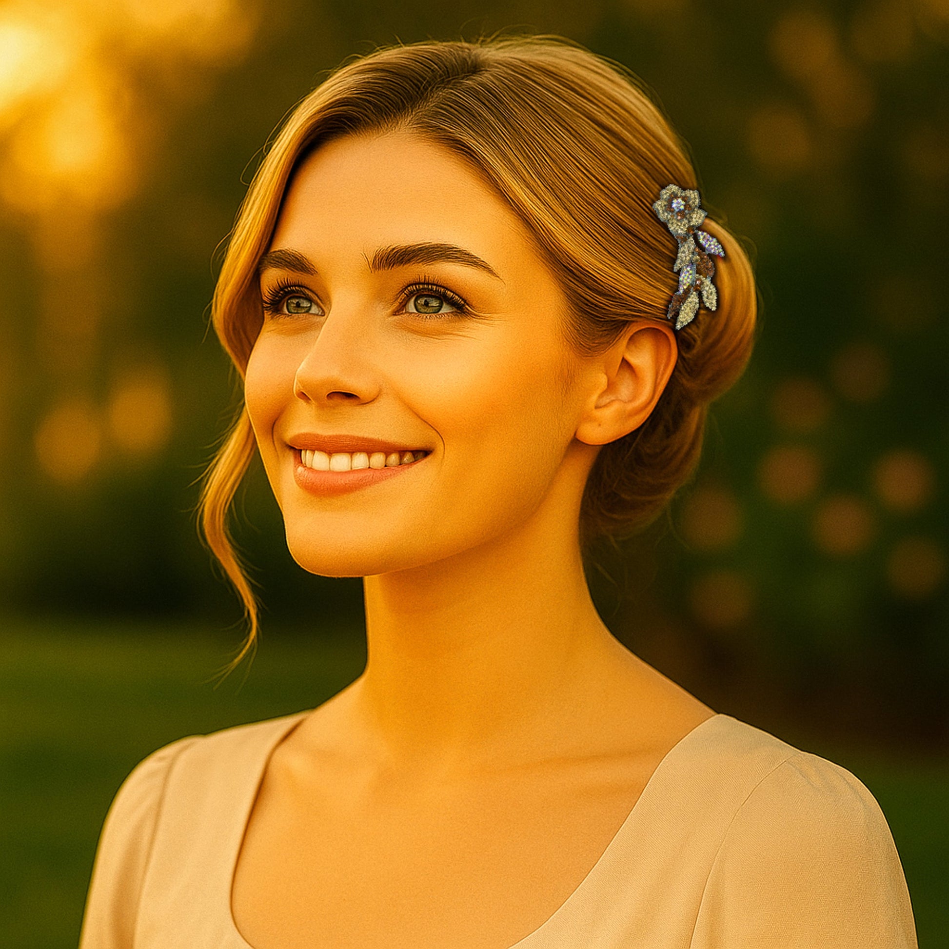 Model with amber crystal floral barrette styled in elegant updo during golden hour
