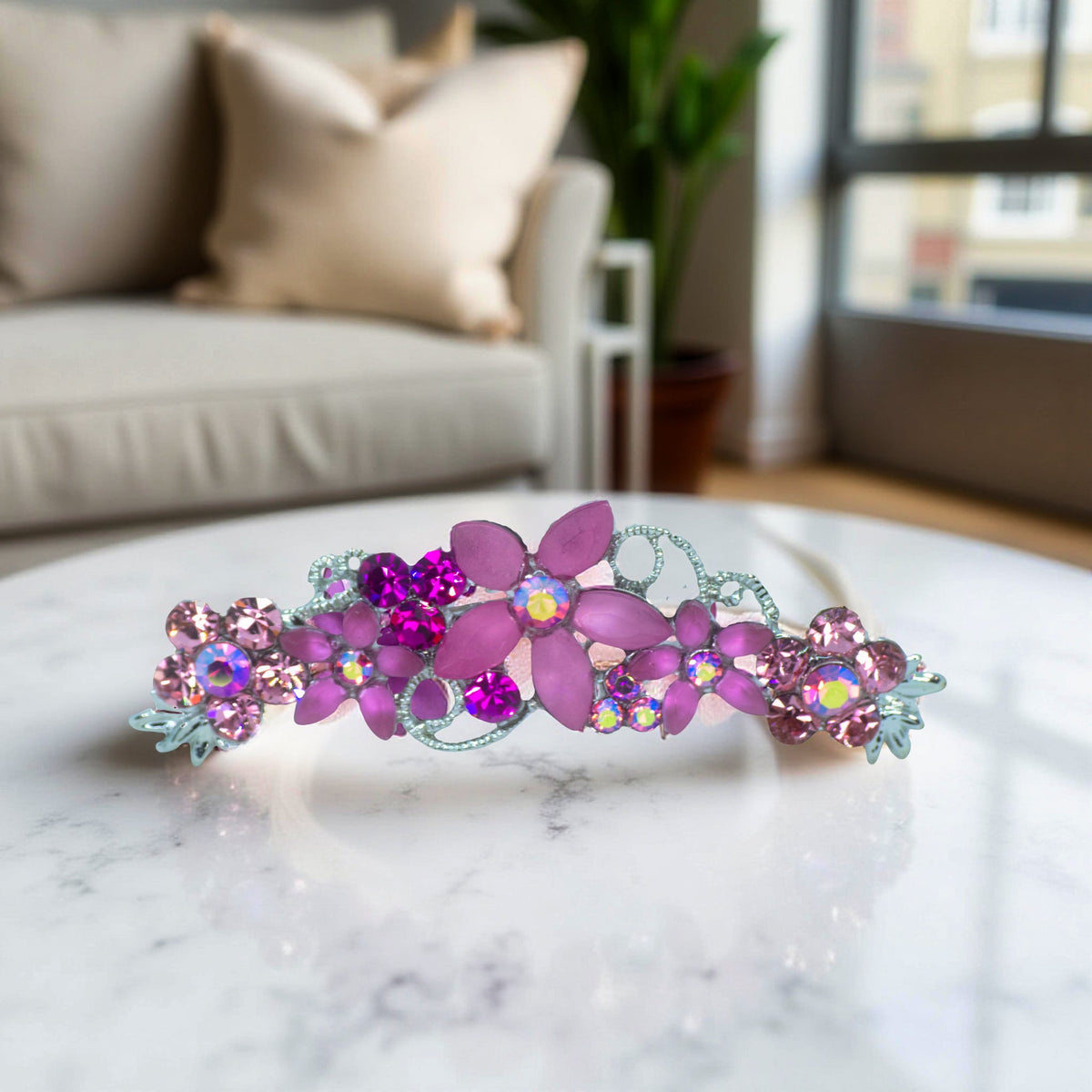 Lunaria Vine hair comb, Pink color option, product view.