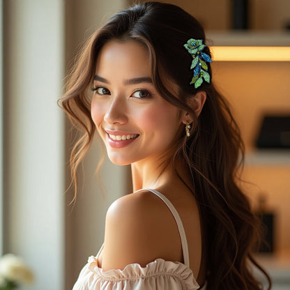 Midnight Bloom barrette, shown in hair.