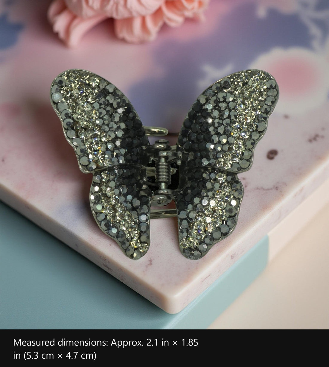 Mini Butterfly — Jaw Clip with measured dimensions marked: Approx. 2.1 in × 1.85 in (5.3 cm × 4.7 cm)