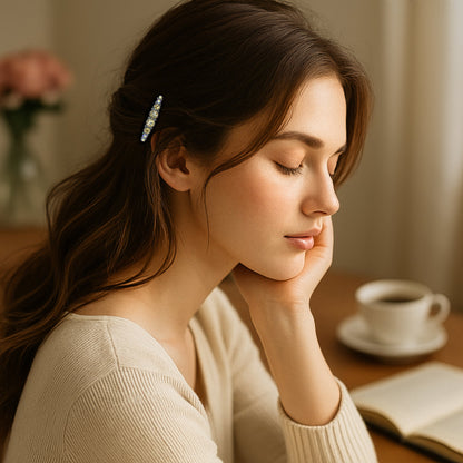 Ornette Classic hair comb, shown in hair.