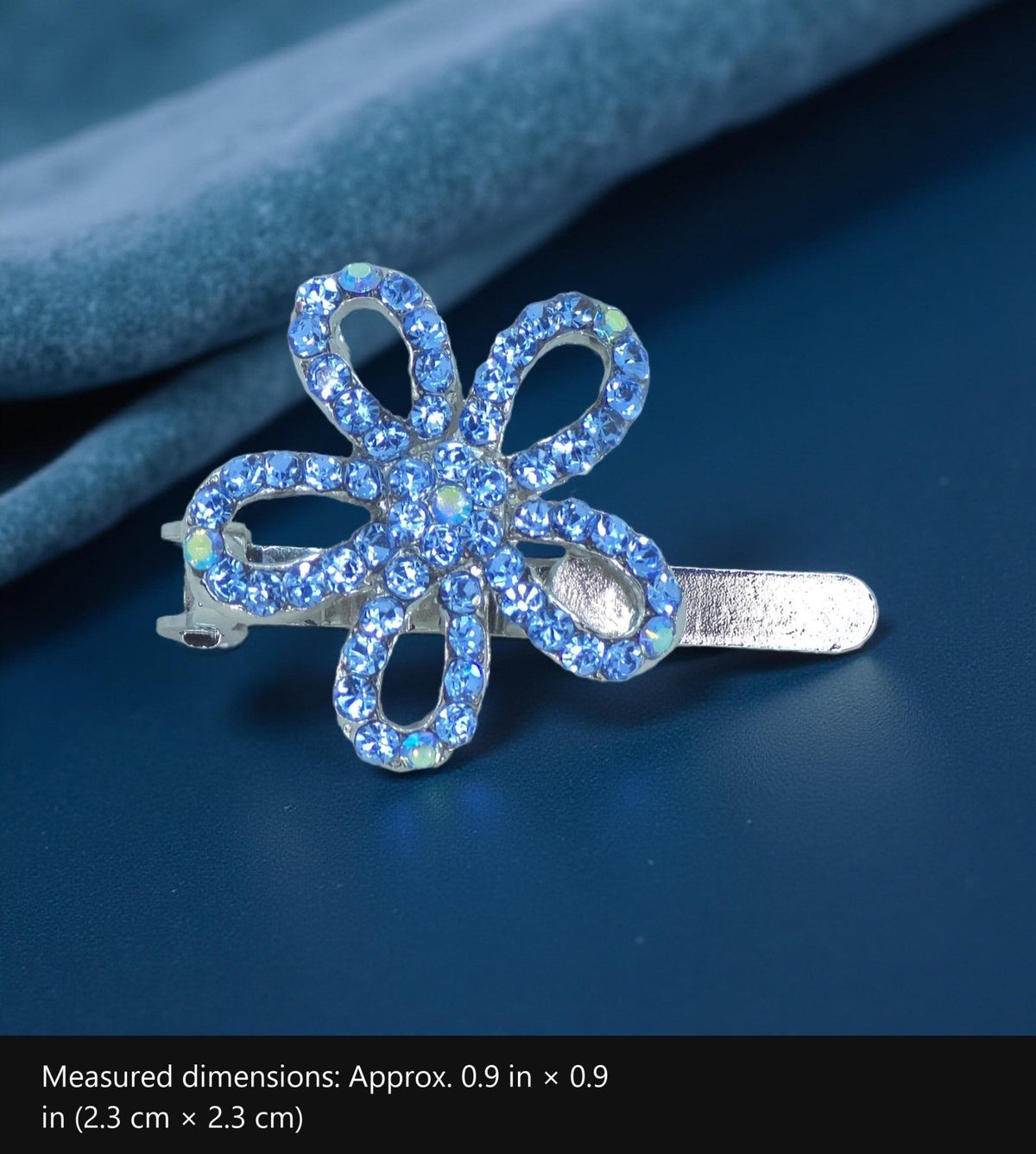 PetalMuse — Hair Accessory with measured dimensions marked: Approx. 0.9 in × 0.9 in (2.3 cm × 2.3 cm)