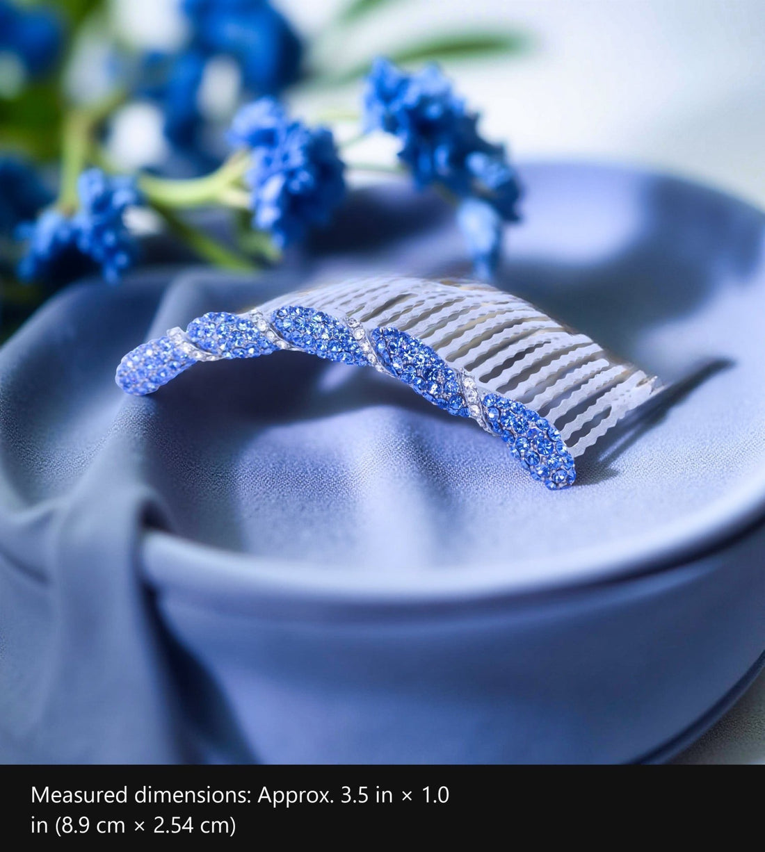 Seraphine — Hair Comb with measured dimensions marked: Approx. 3.5 in × 1.0 in (8.9 cm × 2.54 cm)