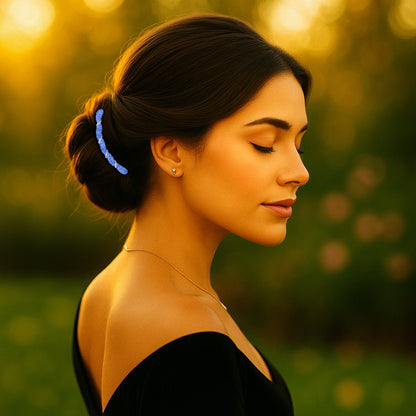 Seraphine hair comb, shown in hair.